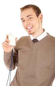 Young well-dressed smiling man in formalwear is holding a white empty card with a lace. Isolated on white background.