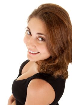 Beautiful smiling woman in a black dress on white background