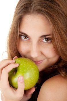 Beauty woman with fresh green apple on white background