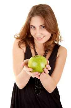 Beauty woman with fresh green apple on white background. Focus on the apple.