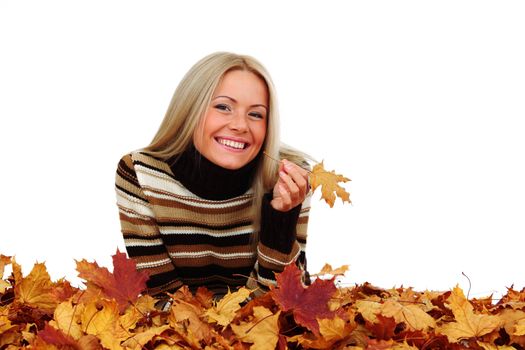  studio portrait of autumn woman in  yellow leaves