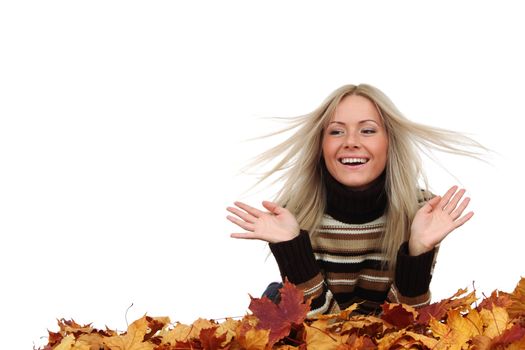  studio portrait of autumn woman in  yellow leaves