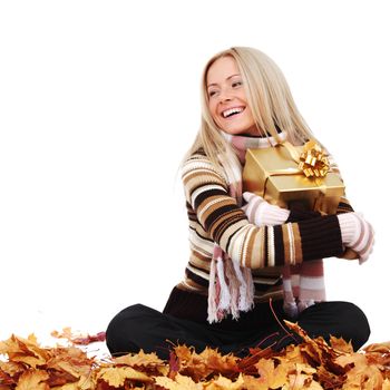  woman take autumn gift isolated in studio