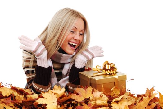  woman take autumn gift isolated in studio