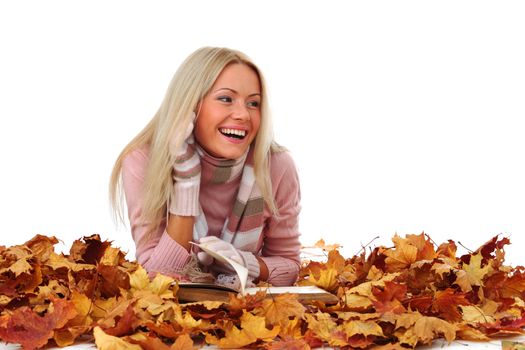 autumn woman read in studio on leaves