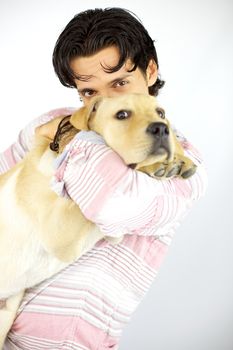 Cool male model happy loving his dog labrador