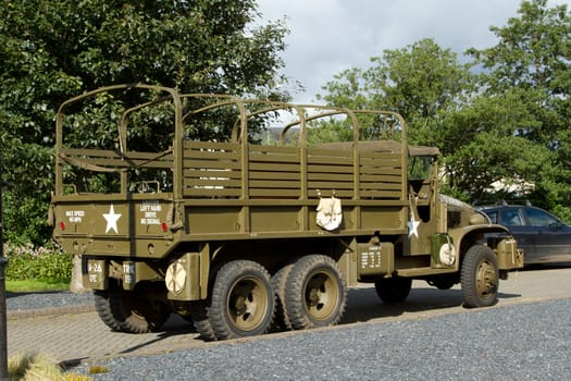 Vintage green,world war two American millitary vehicle, personnel carrier.