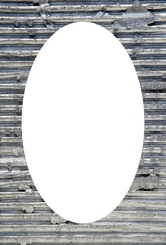 Isolated white oval place for text photograph image in center of frame. Wall with metal finish on it. Metallic background.