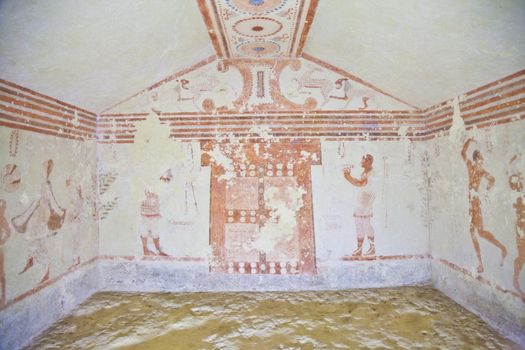 Tarquinia, Italy, around 470 B.C. Via a narrow corridor leading downstair one has access to the rectangular burial room with a sloping ceiling