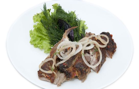 lamb with greens in a restaurant on a white background