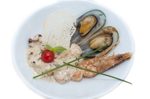 seafood salad at a restaurant on a white background