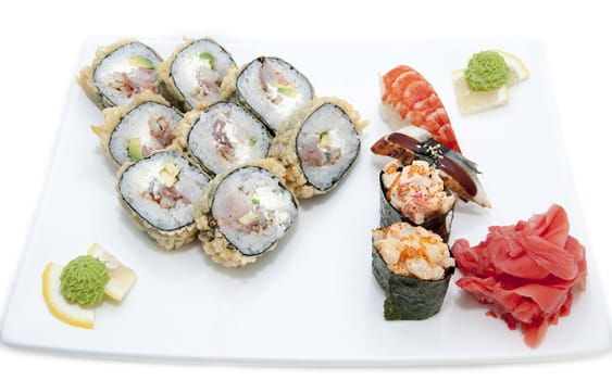 Japanese sushi fish and seafood on white background