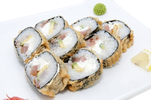 Japanese sushi fish and seafood on white background