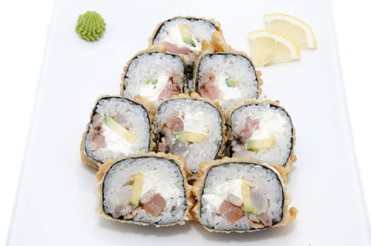 Japanese sushi fish and seafood on white background