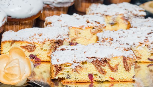 homemade fresh plum cake with icing sugar 