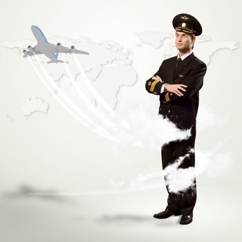 pilot is in the form of arms crossed, against a background map of the world and the aircraft