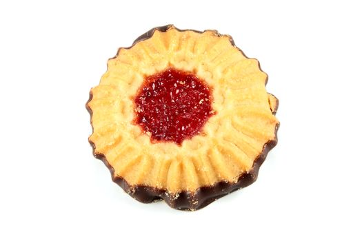 biscuit with strawberry jam and dipped in chocolate made ​​with natural ingredients on white background