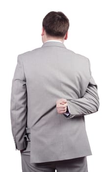 man shows a fig on a white background