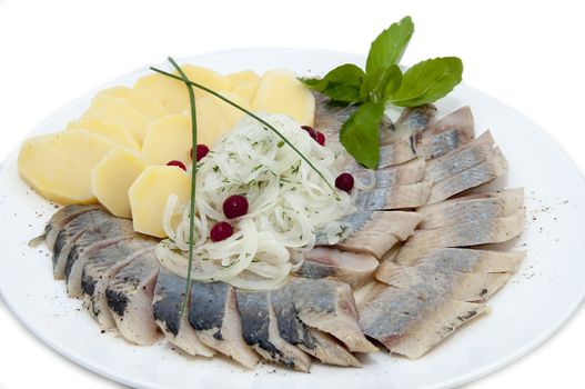 a plate of herring on a white background