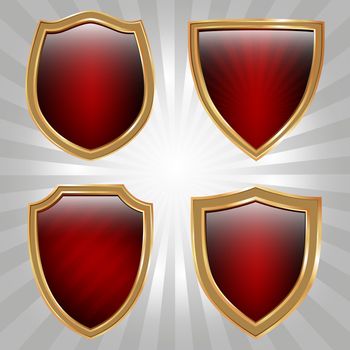 Set of four red and gold shields