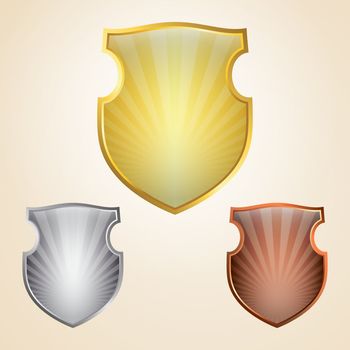 Set of golden, silver and bronze shields