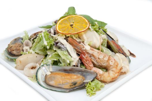 salad with seafood in a restaurant on a white background