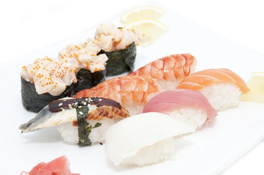 Japanese sushi fish and seafood on white background