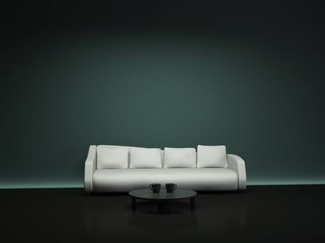 Room interior with a white sofa and a table