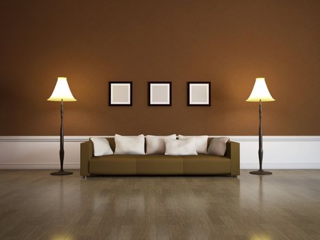 The interior of a large room with brown sofa