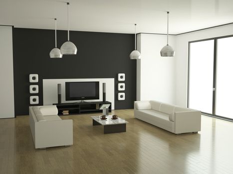 The interior of a large room with furniture and tv