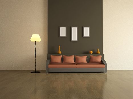 The interior of a large room with sofa and lamp