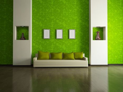 Sofa with  pillows near a green wall