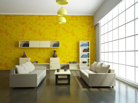 The interior of a large room with a window
