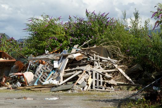 A yard, wasteground, with a pile of construction, building, rubbish, garbage, with wild bushes against a cloudy sky.