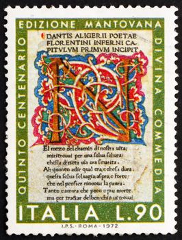 ITALY - CIRCA 1972: a stamp printed in the Italy shows Illuminated First Page from Divine Comedy, Dante Alighieri, Mantua Edition, 500th Anniversary, circa 1972