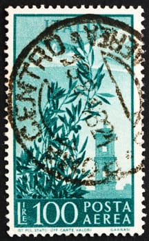 ITALY - CIRCA 1948: a stamp printed in the Italy shows Plane over Capitol Bell Tower, circa 1948
