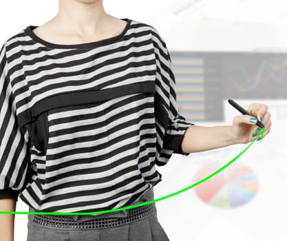 woman hand drawing chart green arrow