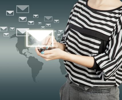 women touch smart phone in hand with email social network