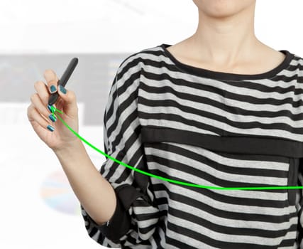 woman hand drawing chart green arrow