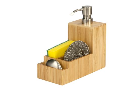 wooden dish soap bottle and sponge on white background