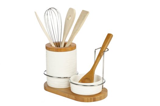 Kitchen Tools, wooden cutlery in ceramic pot