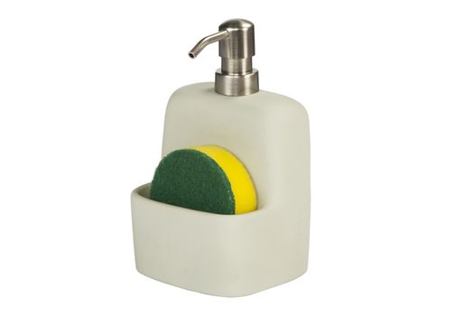 ceramic dish soap bottle and sponge on white background