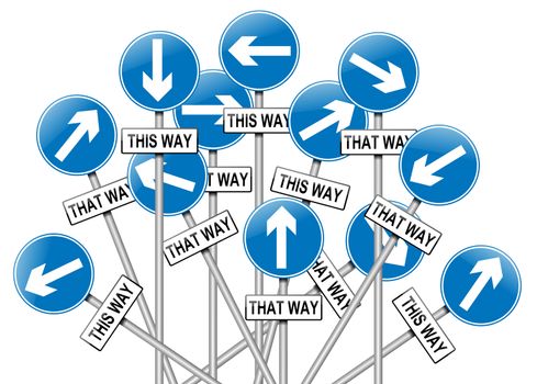 Illustration depicting a large number of directional roadsigns in a chaotic arrangement. White background.