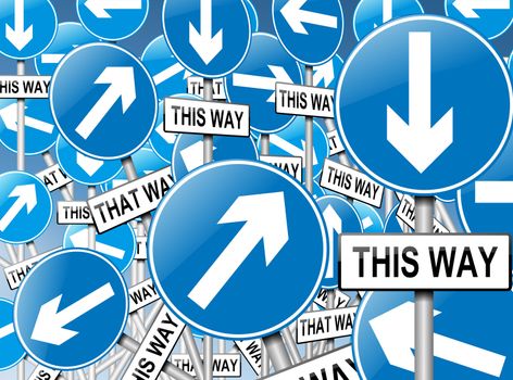 Illustration depicting a large number of directional roadsigns in a chaotic arrangement. Blue background.