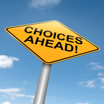Illustration depicting a directional roadsign with a choices concept. Blue sky background.