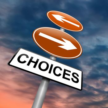 Illustration depicting a directional roadsign with a choices concept. Dramatic sky background.