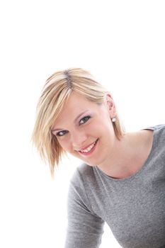 Portrait of smiling blonde isolated on white 