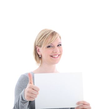 Woman with a blank sign for your text gives thumbs up gesture of endorsement and praise for your product or advertisement Woman with a blank sign for your text gives thumbs up gestyre of endorsement and priase for your product or advertisement 