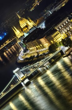 Hungarian parliament of Budapest and Chain bridge, night view