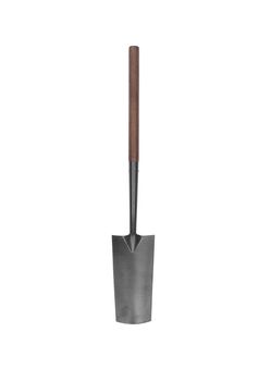 Wood handle, rusty square-point digging shovel